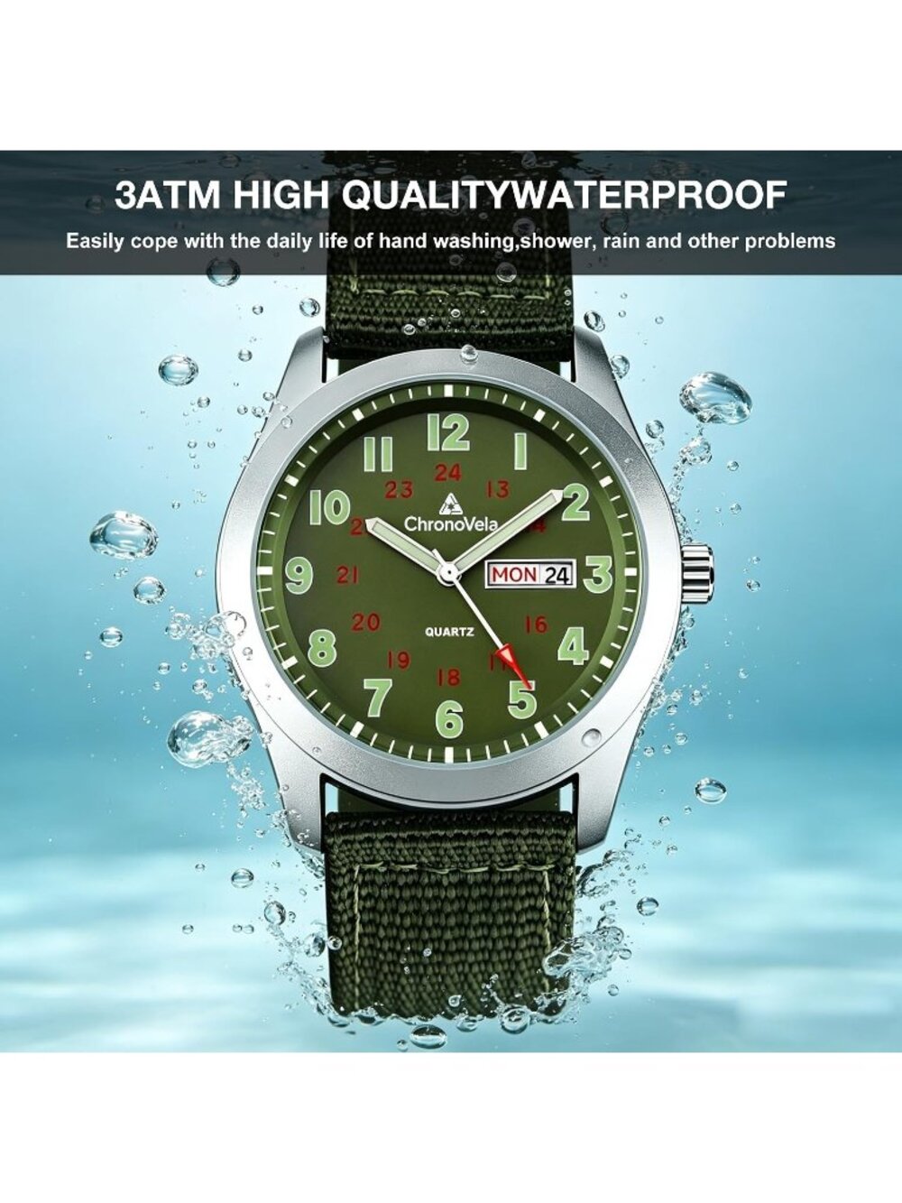 Men's Green Military Dial Durable Nylon Strap Date Display Casual Wrist Watches - Picture 4 of 6